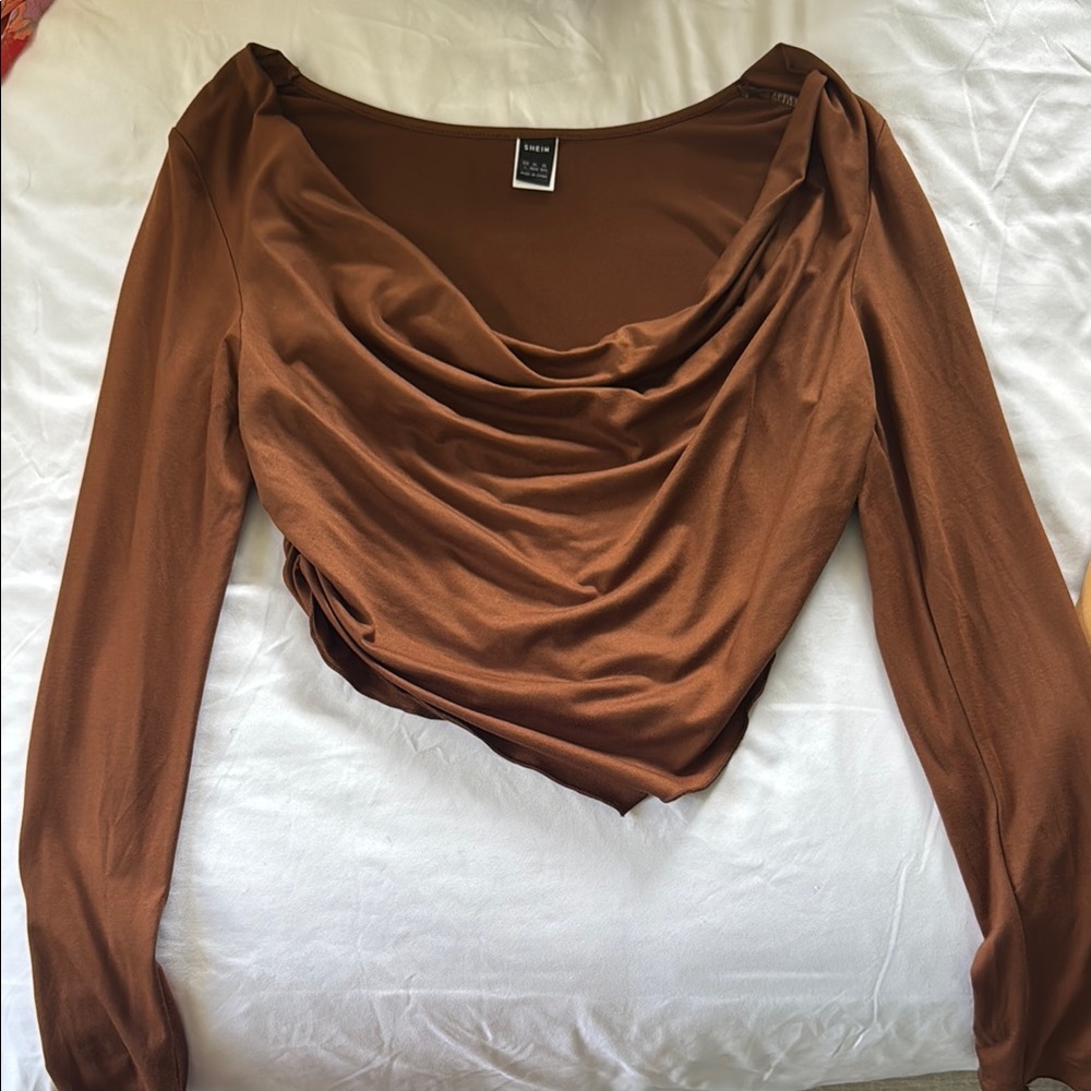 Elegant Brown Drape Neck Top